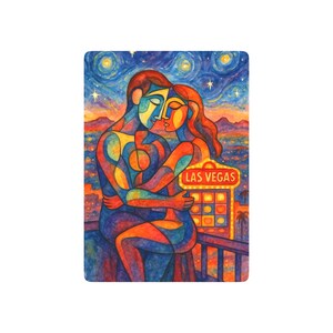 Karty do gry w pokera, abstrakcyjni kochankowie obejmują się na dachu w Las Vegas, akwarele, romantyczne neonowe refleksy, gwiazdy w stylu Van Gogha, Picasso