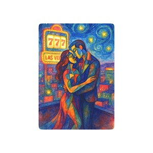 Karty do gry w pokera, abstrakcyjni kochankowie obejmują się na dachu w Las Vegas, akwarele, romantyczne neonowe refleksy, gwiazdy w stylu Van Gogha, Picasso
