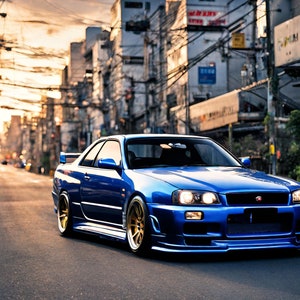 May include: A vibrant blue sports car with gold alloy wheels is captured on a city street. The car features a rear spoiler and is angled towards the viewer. The background shows buildings and power lines, with a sunset.
