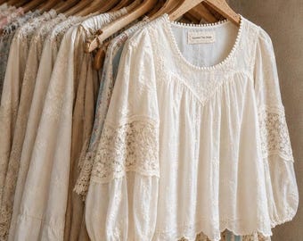 Handmade Feminine Lace Blouse: Long Sleeve Romantic Boho Top by Lavender Tribe Design