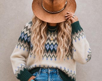 Handmade Nordic Fair Isle Sweater:  Icelandic Knit Cotton Wool Blend Pullover Crew by Lavender Tribe Design