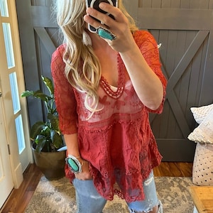 The Hailey Crochet 3/4 Sleeve Red Lace Blouse by Lavender Tribe Design V-Neck Bohemian Handmade Folk Western Top Womens Sizes Small to XL