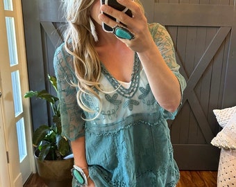 The Hailey Teal Crochet Lace Blouse by Lavender Tribe Design V-Neck Turquoise Handmade Boho Folk Western Top One Size Fits Medium to XL