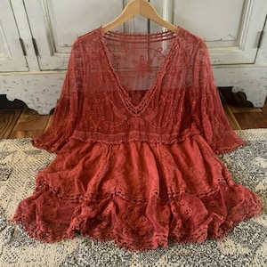 The Hailey Red Crochet Lace Blouse by Lavender Tribe Design V-Neck Bohemian Handmade Folk Western Top Women's One Size Medium to XL