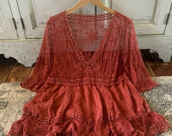 The Hailey Red Crochet Lace Blouse by Lavender Tribe Design V-Neck Bohemian Handmade Folk Western Top Women's One Size Medium to XL