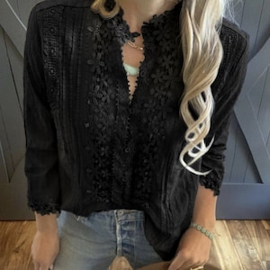 The Stellan Black Lace Blouse by Lavender Tribe Design Bohemian 3/4 Sleeve Button Front Women&#39;s Handmade Top  ~ 5 Sizes Small to XXL