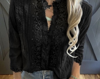 The Stellan Black Lace Blouse by Lavender Tribe Design Bohemian 3/4 Sleeve Button Front Women's Handmade Top  ~ 5 Sizes Small to XXL