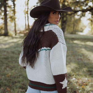 May include: A brown cowboy hat and a white, brown, and green knit sweater with a star design. The sweater has a brown yoke and sleeves, with a white body and green trim. The person is outdoors in a park.