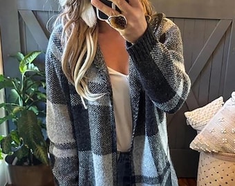 Lavender Tribe Sundance Cozy Plaid Stripe Hooded Cardigan Sweater Coat Boho New Western Modern Vintage Inspired ~ Women&#39;s Small to X-Large