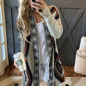 The Wyoming Aztec Grey Print Grey Long Cardigan Sweater by Lavender Tribe Design Western Cowichan Print ~ Women&#39;s Sized Small to XL