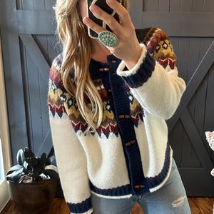 Handmade Fair Isle Knit Cardigan: Cotton Wool Blend Toggle Close Nordic Sweater