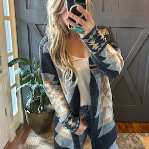 The Emory Aztec Western Print Grey Long Cardigan Sweater Coat by Lavender Tribe Design Southwest Cowichan Inspired Women s Sizes Small to XL