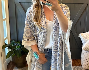 Handmade Bohemian Print Cardigan Kimono Top: Tasseled Hem