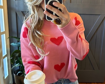 New Heart Embroidered Patch Pink Pullover Crew Neck Sweater Sweetest Handmade Knit Valentine's Day Sweetheart Gift Women's Size Small to XL