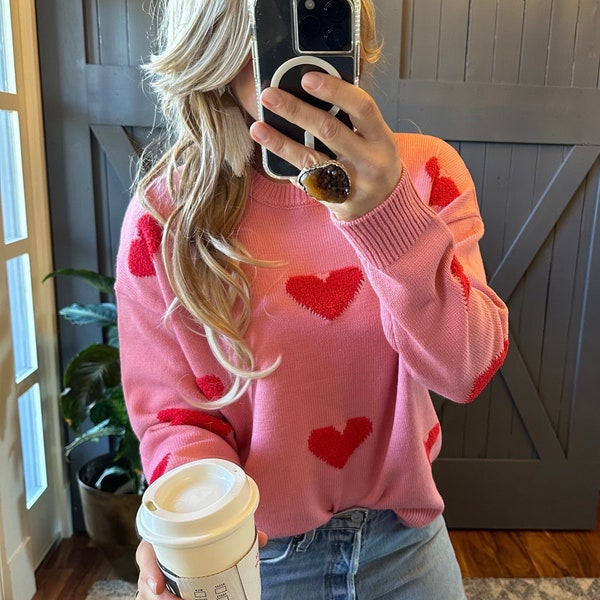 New Heart Embroidered Patch Pink Pullover Crew Neck Sweater Sweetest Handmade Knit Valentine's Day Sweetheart Gift Women's Size Small to XL