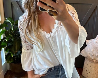 Handgemachte Weiße Baumwoll Spitzen Bluse: Boho 3/4 Ärmel Top