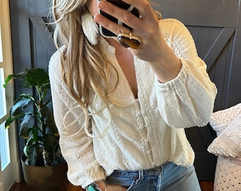 Lavender Tribe Design Colette Bohemian Cream Lace Long Sleeve Button Front Blouse Top Boho V-Neck ~ Women's Clothing Sizes Small to XXL