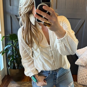 Lavender Tribe Design Colette Bohemian Cream Lace Long Sleeve Button Front Blouse Top Boho V-Neck ~ Women's Clothing Sizes Small to XXL