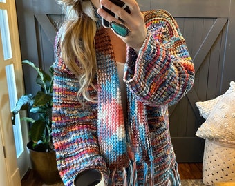 Lavender Tribe Design Confetti Knit Long Fringe Handmade Cardigan Sweater Rainbow Yarn Chunky Oversized Bohemian ~ Women's Sizes Small to XL