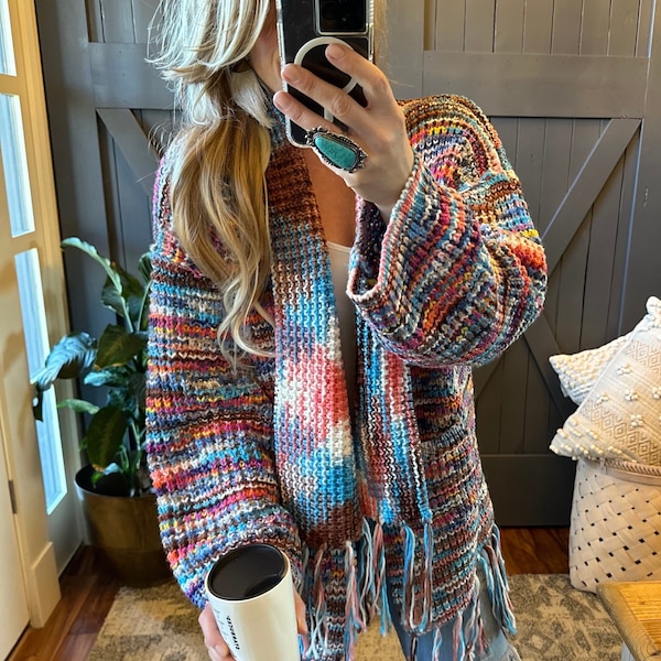 Lavender Tribe Design Confetti Knit Long Fringe Handmade Cardigan Sweater Rainbow Yarn Chunky Oversized Bohemian ~ Women's Sizes Small to XL