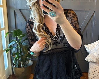 The Hailey Black Crochet Lace Blouse by Lavender Tribe Design V-Neck Handmade Bohemian Folk Top One Size Women's Clothing Medium to XL
