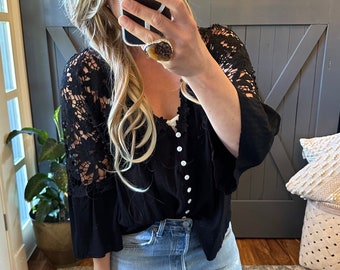 Lavender Tribe Roslyn Black Lace Flare Sleeve V-Neck Floral Romantic Blouse Top Boho Western Vintage Inspired ~ Women's 5 Sizes Small to XXL