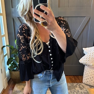 Lavender Tribe Roslyn Black Lace Flare Sleeve V-Neck Floral Romantic Blouse Top Boho Western Vintage Inspired ~ Women's 5 Sizes Small to XXL