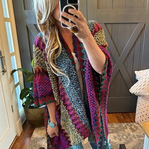 Lavender Tribe Design Bohemian Loom Moroccan Knit Tasseled Handmade Loop Yarn Cardigan Sweater Crochet Bright Shawl Pride Women&#39;s One Size