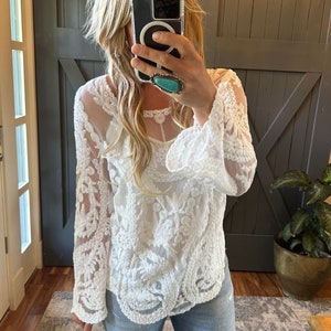 Lavender Tribe Women's White Crochet Long Sleeve Lace Blouse Bohemian Handmade Feminine Folk Western Scoop Neck Top  ~ Sizes Small to XL