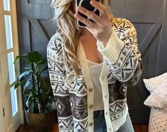 Lavender Tribe Design Holsten Geometric Aztec White Knit Cardigan Sweater Handmade V-Neck Cowichan Bohemian Western Womens Sizes Small to XL