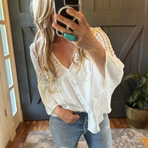 Lavender Tribe Thorp Crochet Lace 3/4 Flare Sleeve Button Front White 100% Cotton Blouse Summer Fall Top Boho ~ Women's 5 Sizes Small to XXL