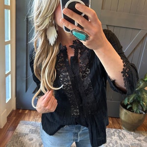Lavender Tribe Design Stellan Black Lace Blouse 3/4 Sleeve Button Front Handmade Top Shirt Boho Gift Women&#39;s Clothing 5 Sizes Small to XXL