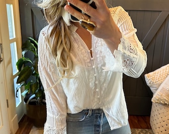 Crochet Lace Button-Front Blouse: Handmade White Cotton Boho Top