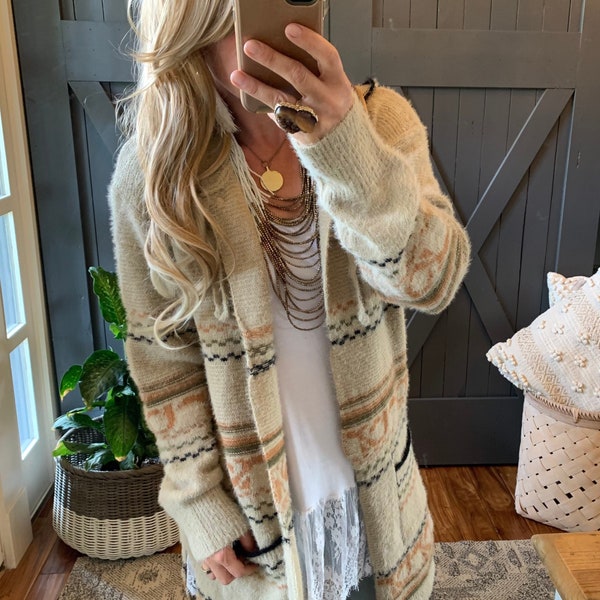 The Oak Ridge Cozy Oversized Hooded Pocketed Long Cardigan Sweater Coat / Boho Aztec Western Vintage Inspired ~ Women's Small to XL