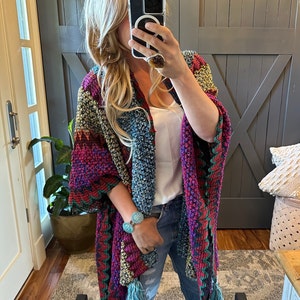 The Bohemian Loom Moroccan Knit Tasseled Handmade Poncho Cardigan Sweater by Lavender Tribe Design Crochet Shawl ~ Women&#39;s Size Small to XL
