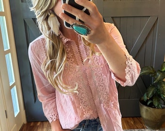 Lavender Tribe Design Stellan Pink Lace 3/4 Sleeve Blouse Mock Neck Romantic Top - Women's Boho Western Shirt Folk ~ 5 Sizes Small to XXL