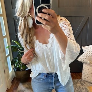 Handmade White Cotton Lace Blouse: Feminine Bohemian Button-Front Top, by Lavender Tribe Design