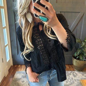 Lavender Tribe Design Stellan Black Lace Blouse 3/4 Sleeve Button Front Floral Romantic Handmade - Women&#39;s Top Western 5 Sizes Small to XXL