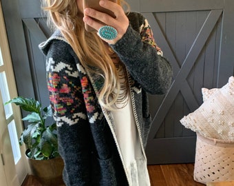 Rock Springs Tribal Print Long Black Cardigan Hooded Sweater by Lavender Tribe Design Western Cowichan Inspired ~ Women&#39;s Size Small to XL