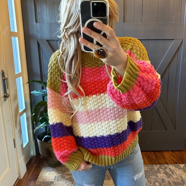 The Colette Bright Striped Crochet Handmade Pullover Sweater by Lavender Tribe Design ~ Chunky Yarn Knit Rainbow Women's Sizes Small to XL