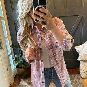 The Hailey Plaid Pink Flannel Shacket Button Front Jacket Cozy Button Front ~ Women&#39;s Sizes Small to XL