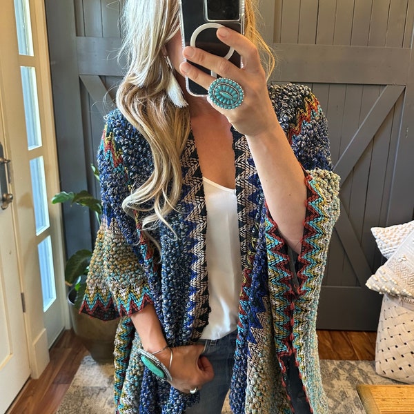 The Bohemian Loom Moroccan Knit Tasseled Handmade Poncho Cardigan Sweater by Lavender Tribe Design Crochet Blue ~ Women's Size Medium to XL