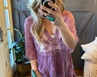 The Hailey Lilac Crochet Lace Blouse by Lavender Tribe Design V-Neck Purple Handmade Boho Folk Western Top One Size Fits Medium to XL