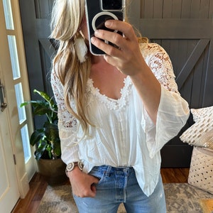New White Cotton Lace 3/4 Sleeve Button Front Floral Romantic Blouse Top Boho Vintage 70s Inspired ~ Women&#39;s 5 Sizes Small to XXL