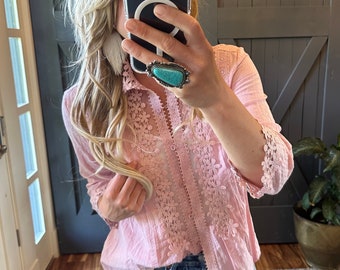 Stellan Pink Lace 3/4 Sleeve Blouse by Lavender Tribe Design Boho Romantic Top Women's Clothing Casual Shirt Folk ~ 5 Sizes Small to XXL