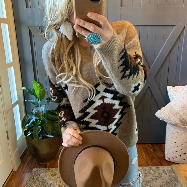 Aztec Print Pullover Sweater: Western Cowichan Style, USA Handcrafted