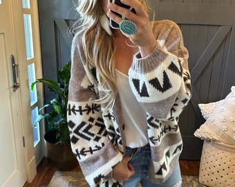 New Geometric Print Native Knit Soft Wool Cardigan Sweater Oversized Button Front V-Neck Cowichan Jacket Western Women's Sizes Small to XL
