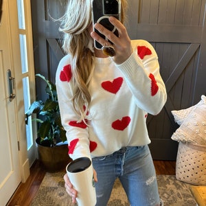 New Heart Embroidered Patch White Pullover Crew Neck Sweater Sweetest Handmade Knit Valentine's Day Sweetheart Gift Women's Size Small to XL