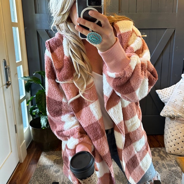 Feather Lodge Cozy Oversized Teddy Pink Plaid Hooded Cardigan Sweater Coat by Lavender Tribe Design Modern Boho ~ Women's Size Medium to XL