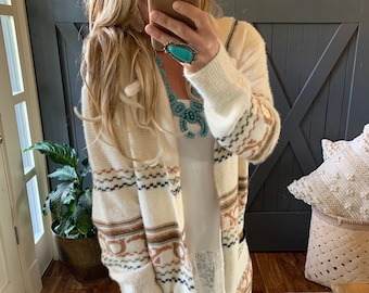 New Cozy Oversized Hooded Pocketed Long Cardigan Sweater Coat / Boho Blanket Barn Aztec Western Vintage Inspired ~ Women's Small to X-Large